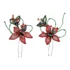 Korean-style retro red mesh flower hair clip, green beaded leaf and branch decoration hair accessory, headwear accessory for women Item Picture